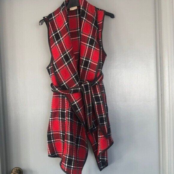 ETWO red Plaid Waterfall Front Wool Blend Vest Size Small Self Tie Shawl Collar - Picture 1 of 6